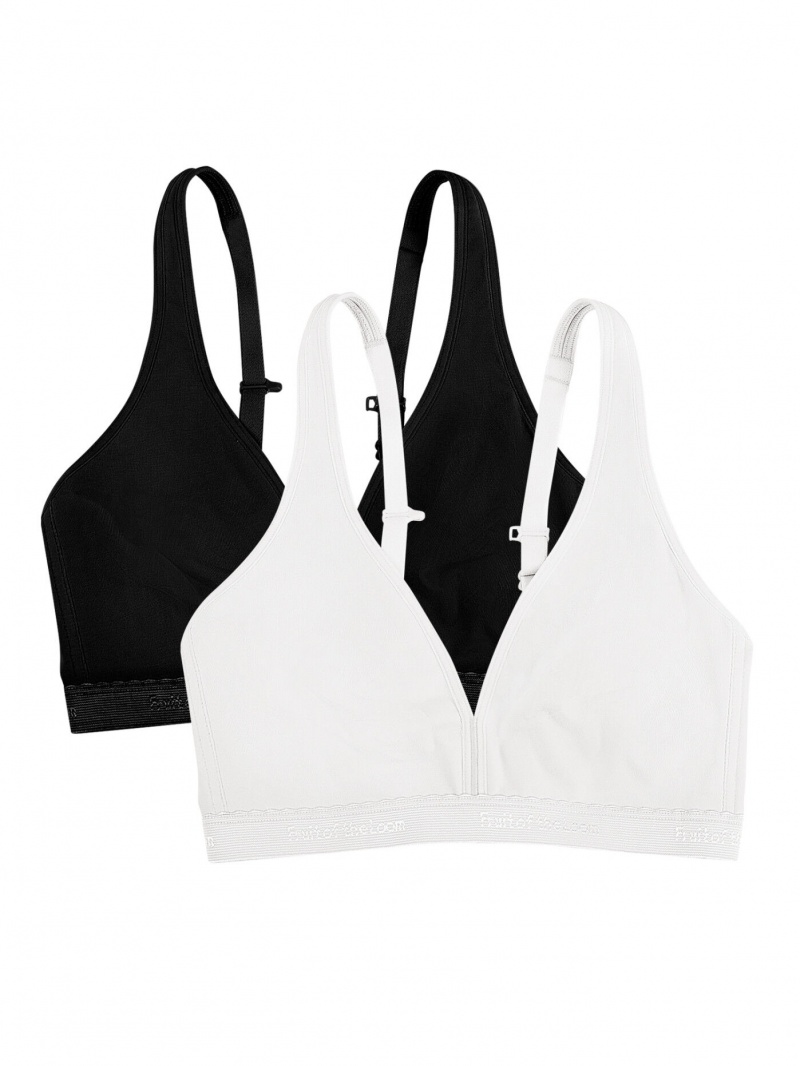 Women's Fruit Of The Loom Wirefree Cotton Bralette 2 Pack Wirefree Bra Black/White | RPB739165