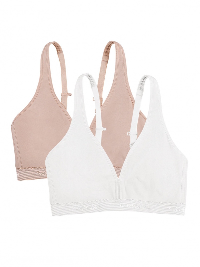 Women's Fruit Of The Loom Wirefree Cotton Bralette 2 Pack Wirefree Bra Sand/White | NXA681594